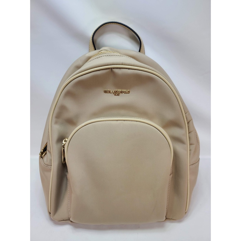 Karl‎ Lagerfeld Paris Backpack Beige Nylon Gold Hardware Zip Closure Travel Chic